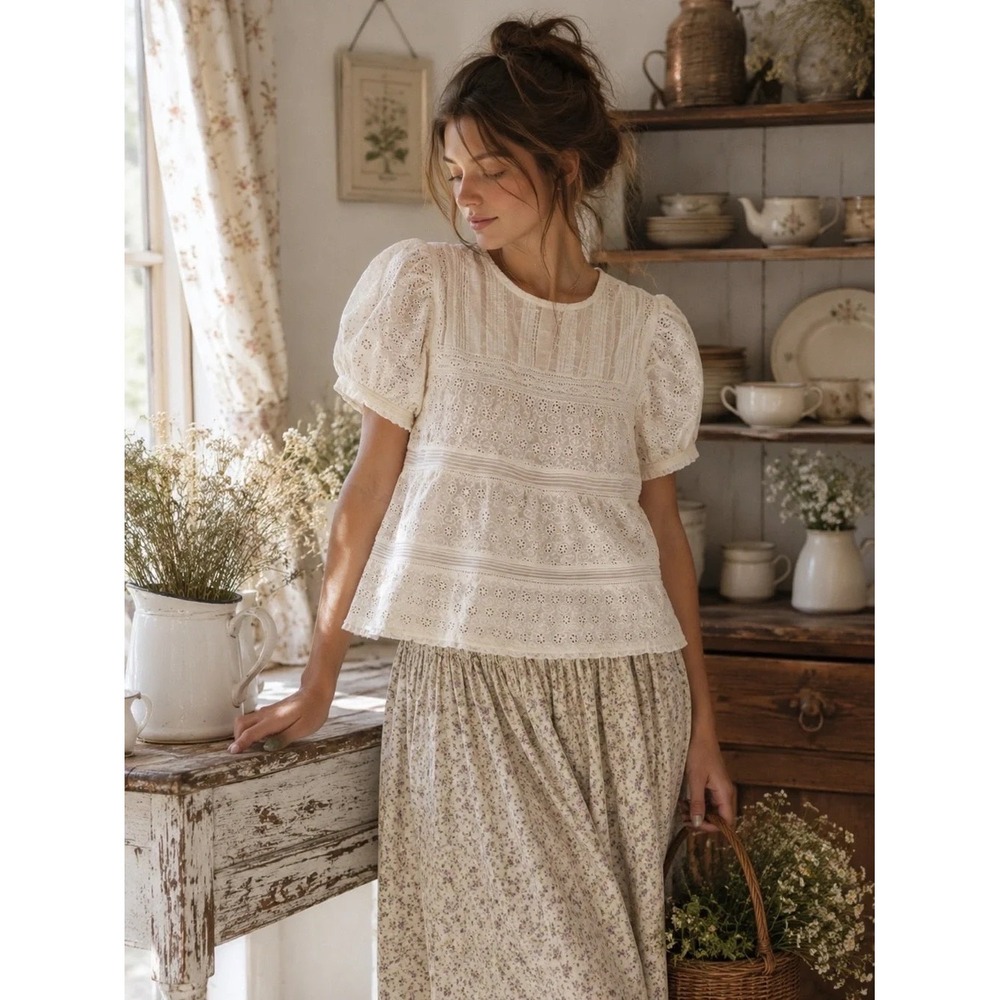 DOEN Adeline Top M Salt White Eyelet Organic Cotton Puff Sleeve